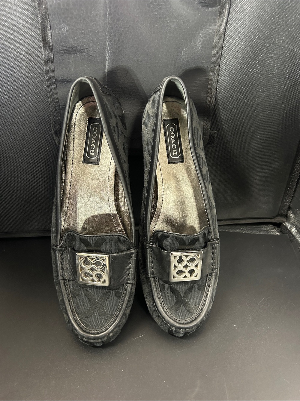 Coach Black Signature Canvas Loafers with Silver Accents